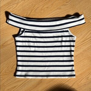 H&M navy blue and White Striped Off-Shoulder Crop Top